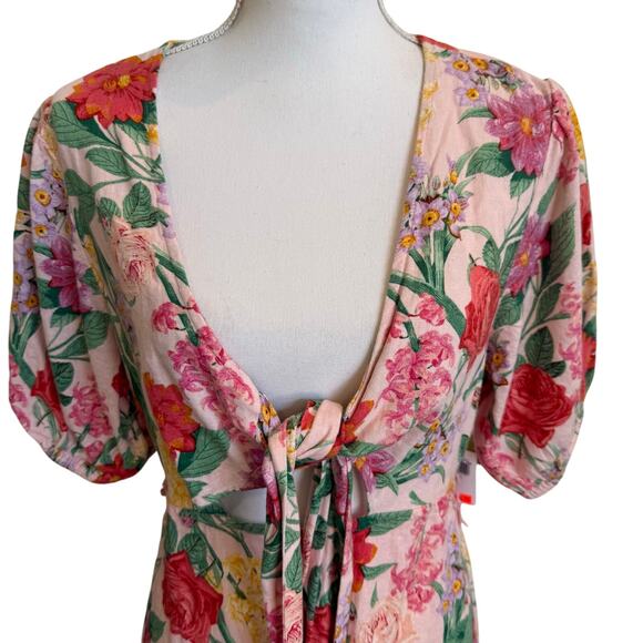 Old Navy Maxi Dress Large Pink Floral Puff Sleeve Linen Cut Out Twist Tie NWT - Picture 2 of 11